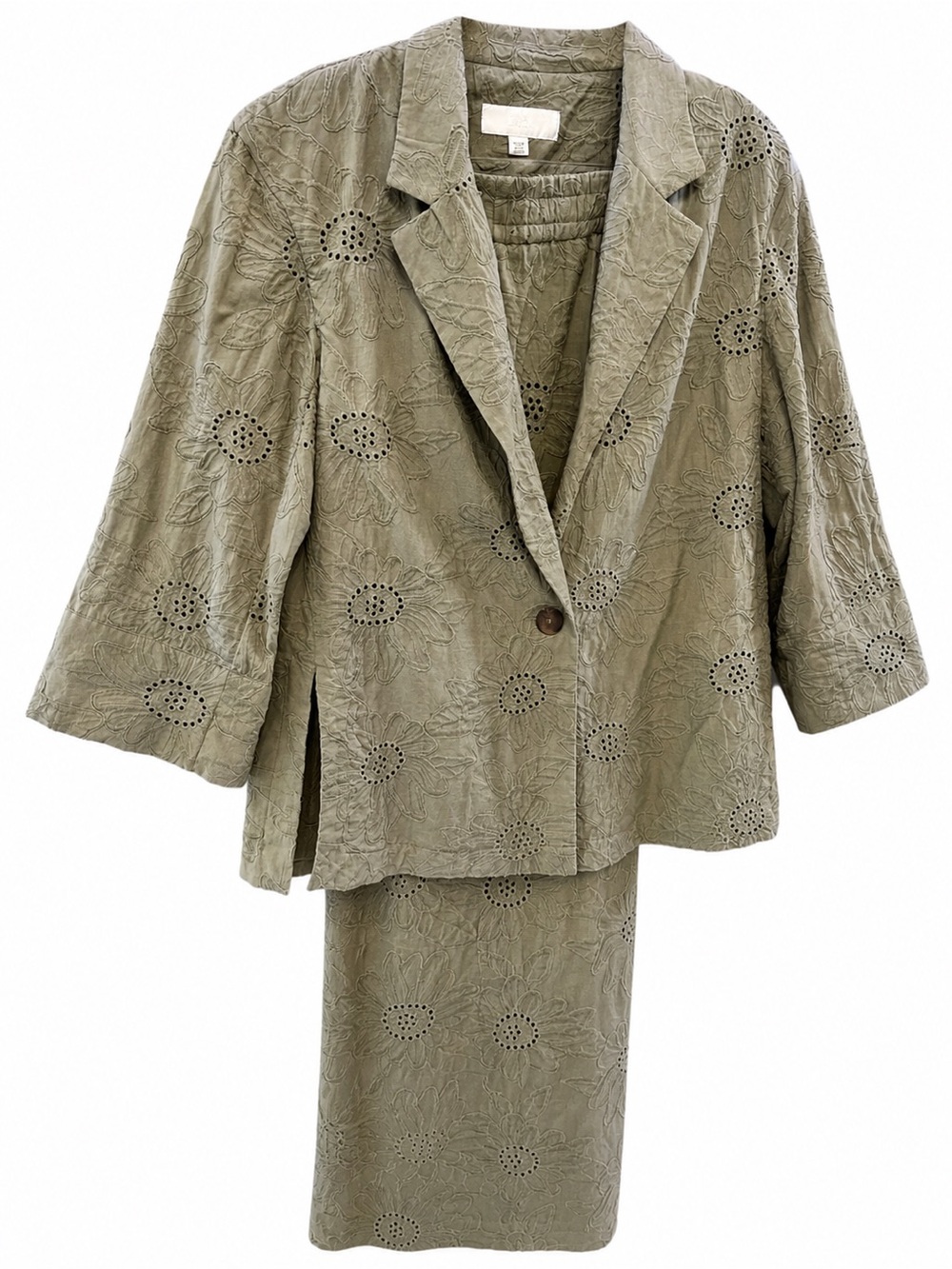 Zara Olive Green Eyelet Embroidered Pants Suit
